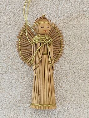 Vintage Handmade Straw Angel Ornament with Gold Trim Painted Wood Face